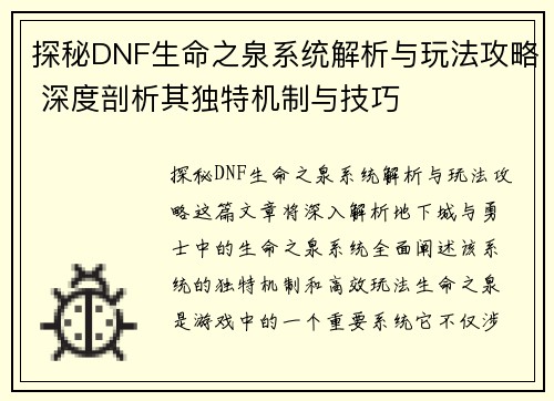 探秘DNF生命之泉系统解析与玩法攻略 深度剖析其独特机制与技巧